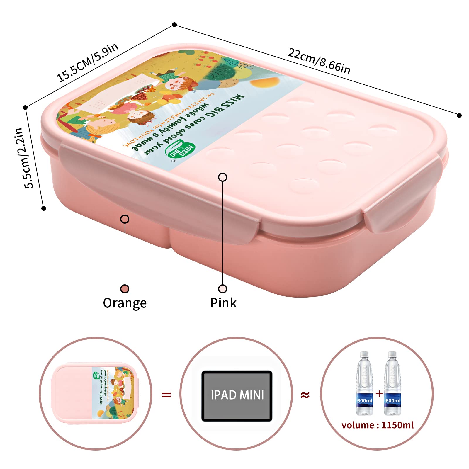 MISS BIG bento box portable lunch design fits into bags for school or travel.
