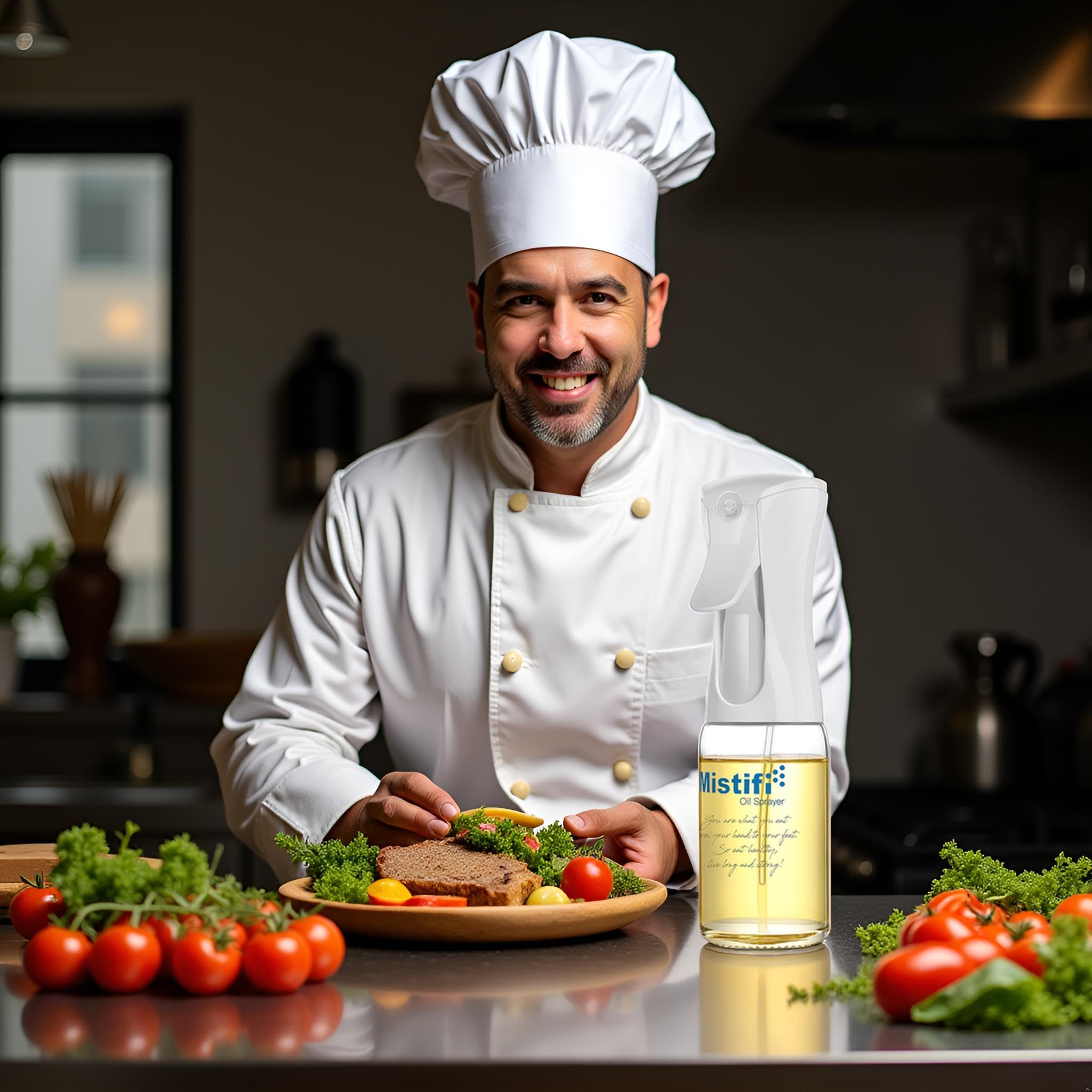 Mistifi spray demonstrates 1g portion control per spray for healthier cooking.