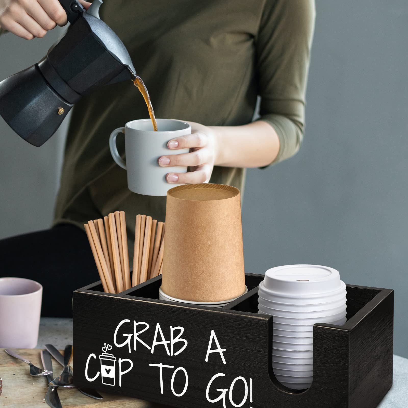 Mistod wooden coffee bar storage basket sits on a kitchen counter.