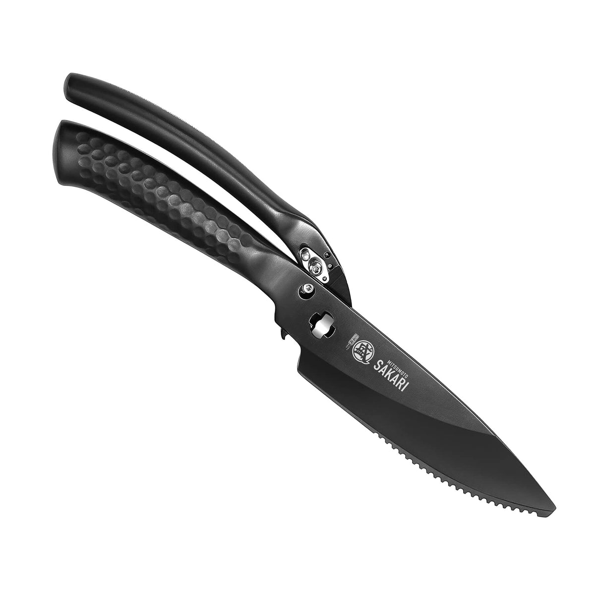 Mitsumoto Sakari 10-Inch kitchen scissors blade closeup shows a sharp edge for precise cuts.