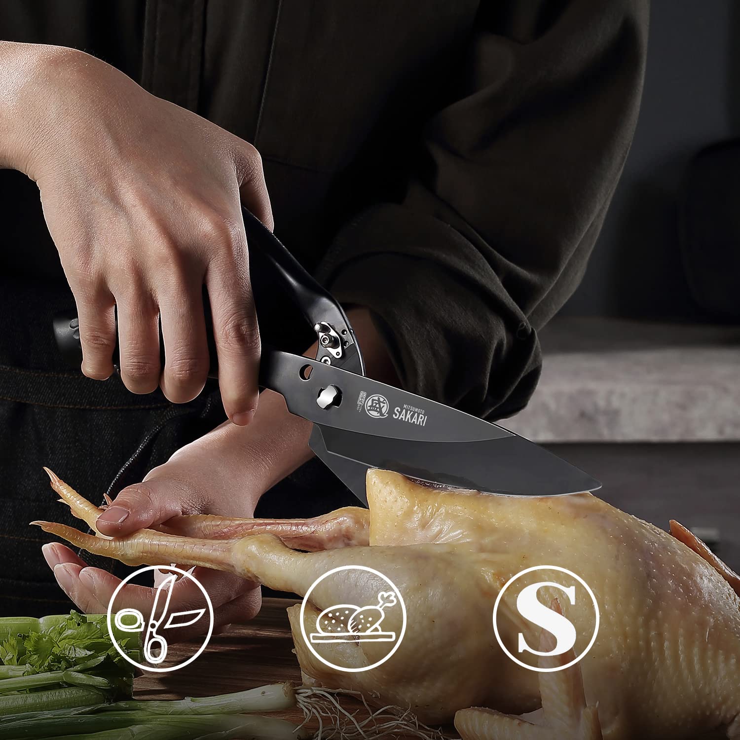 Mitsumoto Sakari 10-Inch kitchen scissors grooved-nonslip-handle boosts control while cutting.