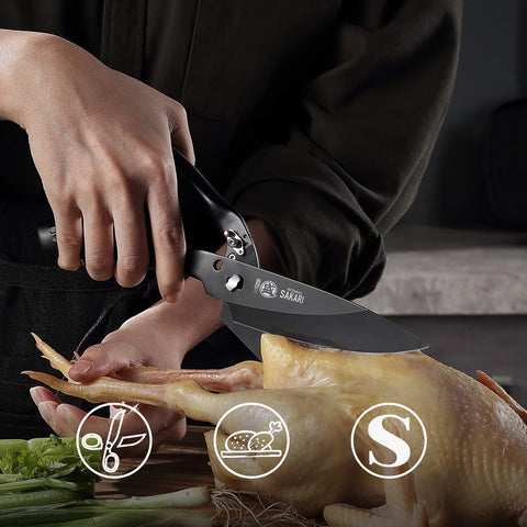 Mitsumoto Sakari 10-Inch kitchen scissors grooved-nonslip-handle boosts control while cutting.