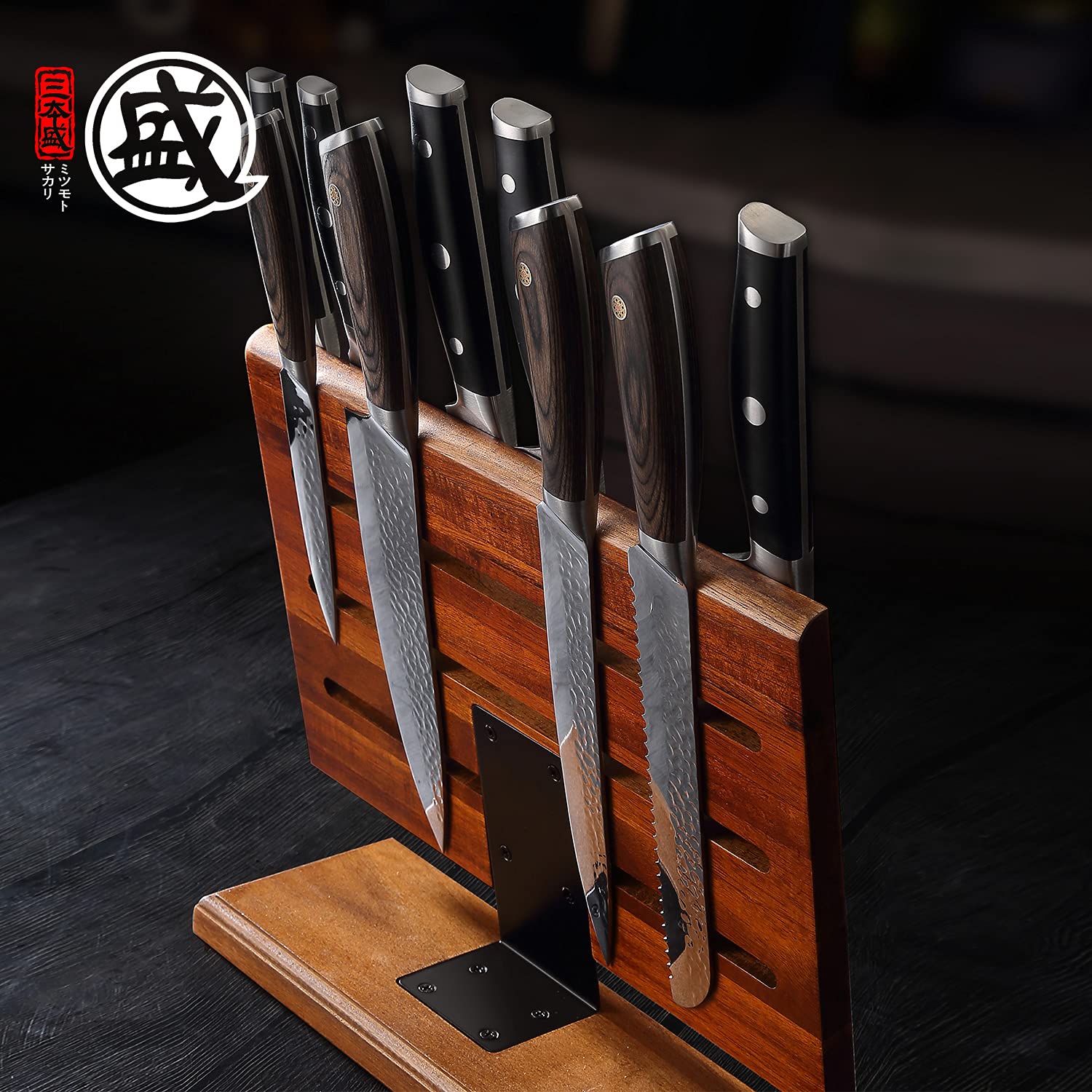 MITSUMOTO SAKARI double-sided block back view showing versatile knife storage.