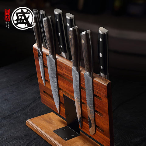 MITSUMOTO SAKARI double-sided block back view showing versatile knife storage.
