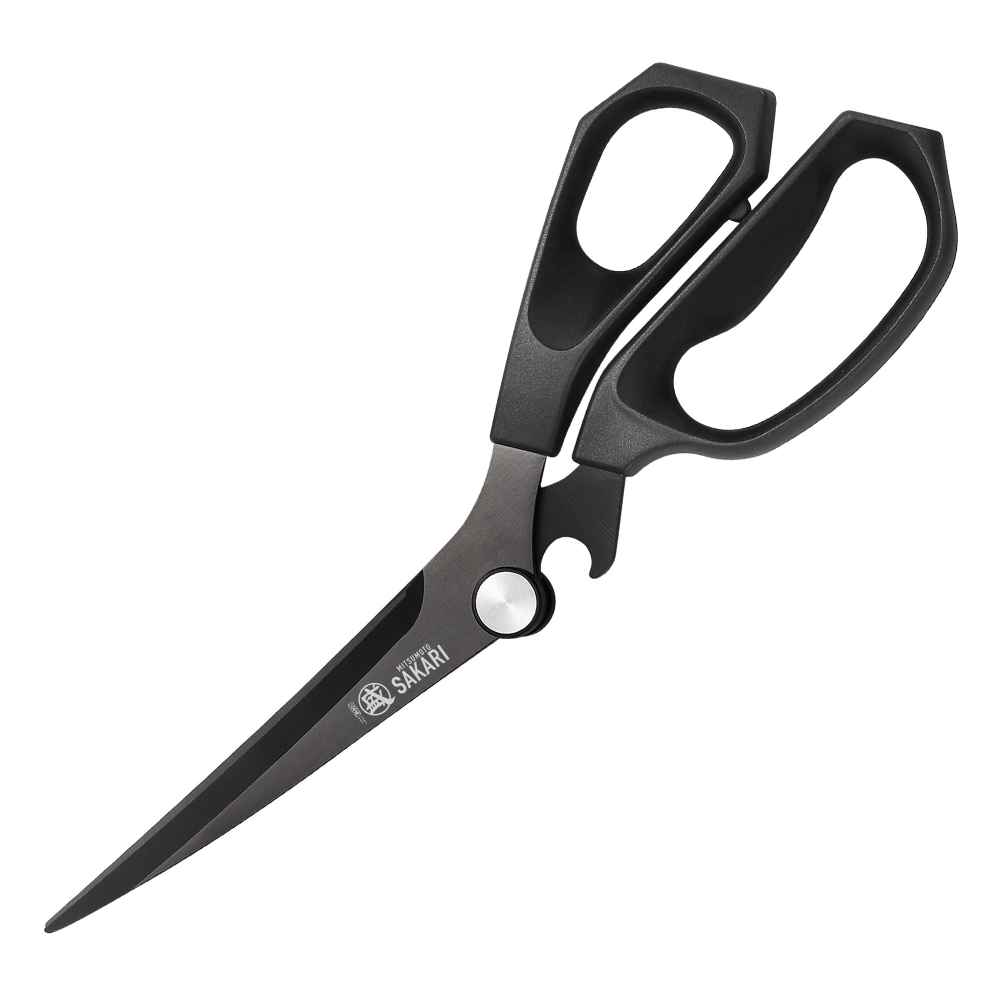 MITSUMOTO SAKARI kitchen shears blade close-up showing micro-serrated edge for stable cuts.