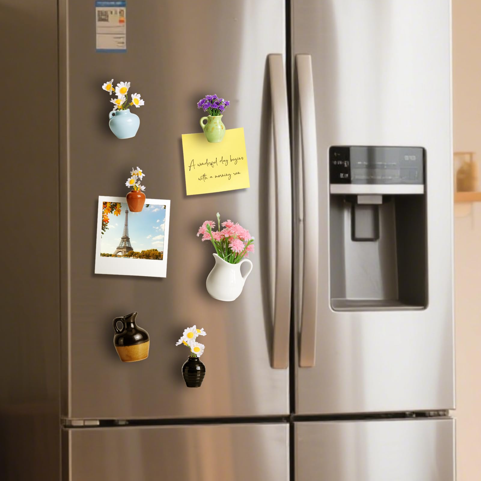 Mity Rain reusable vase magnets for fridge with mini faux plants.