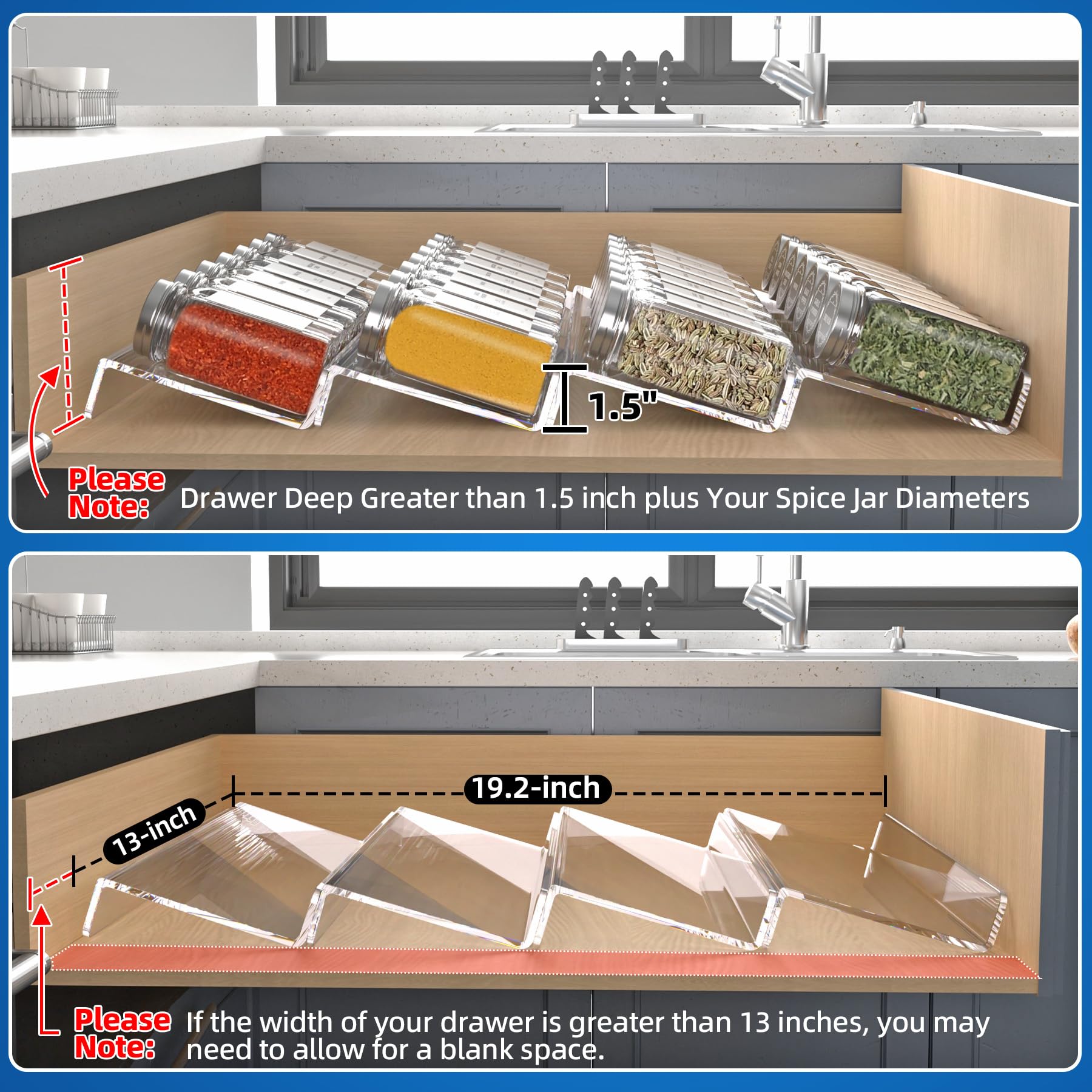 MIUKAA expandable spice drawer insert side angle fits drawers.