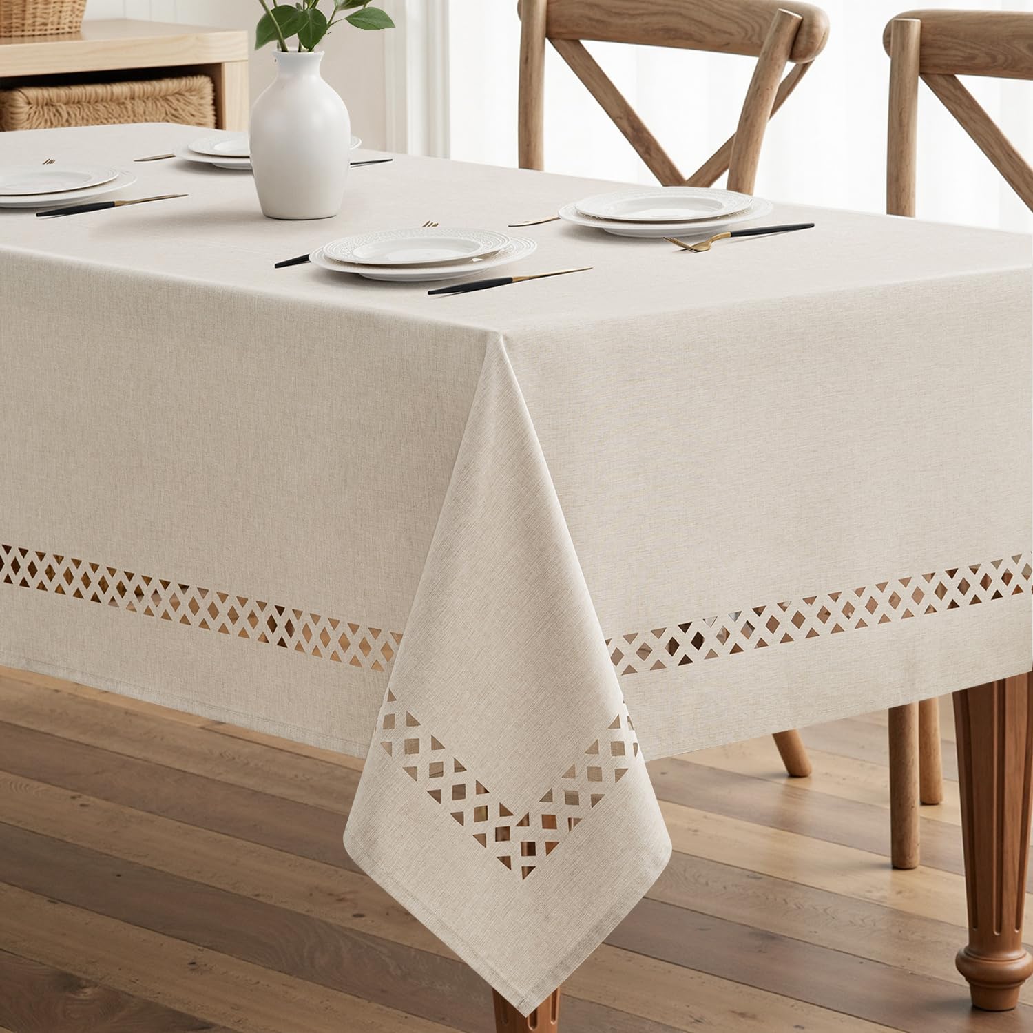 MIULEE beige rectangle tablecloth with decorative cutouts elevates table aesthetics for gatherings.