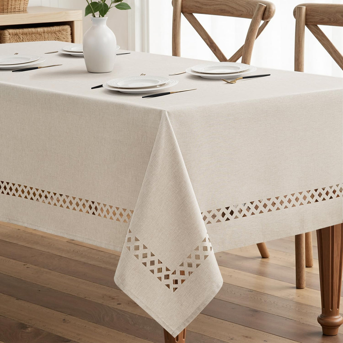 MIULEE beige rectangle tablecloth with decorative cutouts elevates table aesthetics for gatherings.