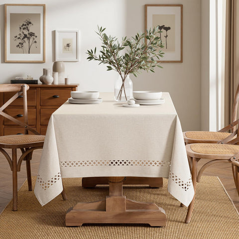 MIULEE stain-resistant tablecloth keeps spills from soaking in and cleans easily.