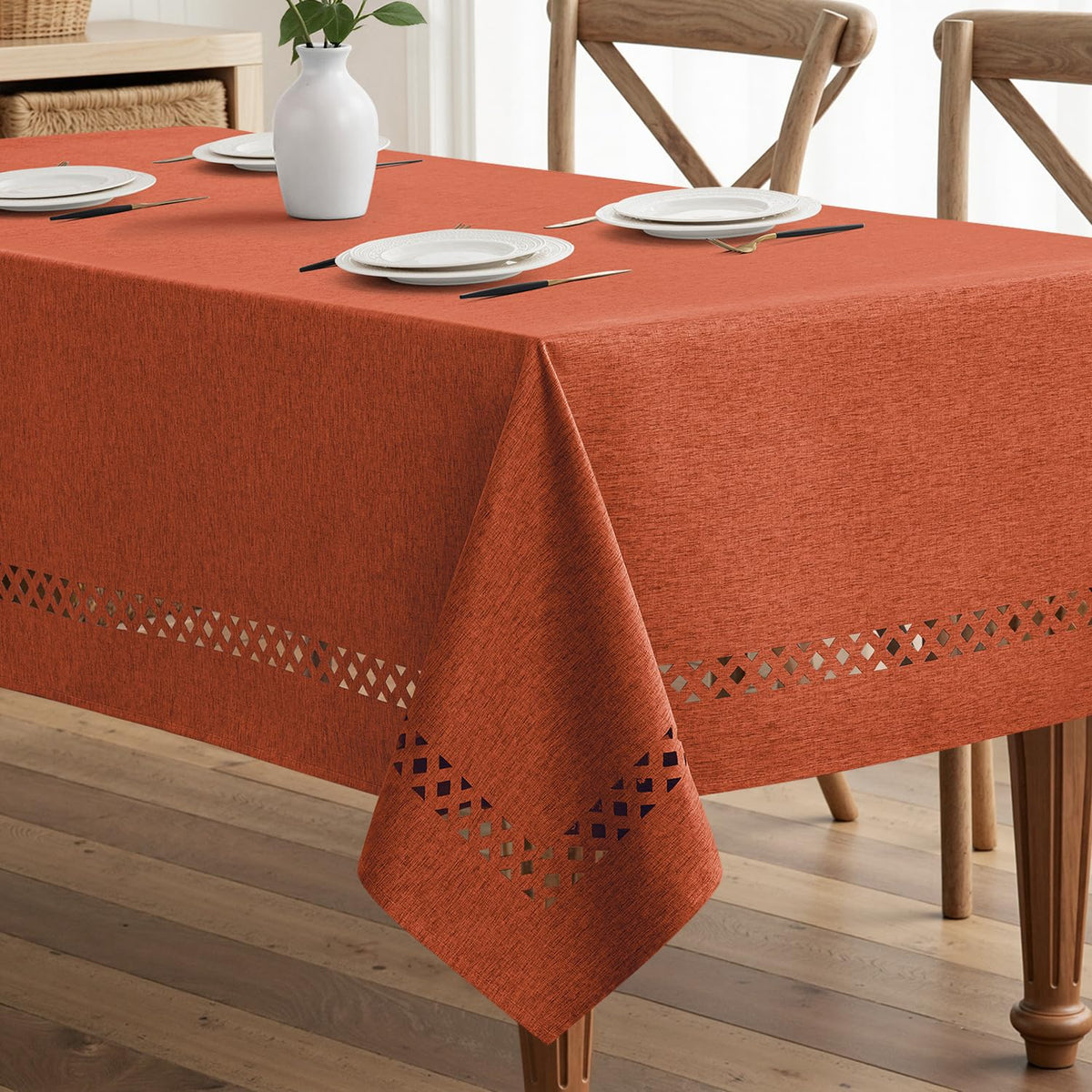 MIULEE Burnt Orange rectangle tablecloth cutouts for festive gatherings.