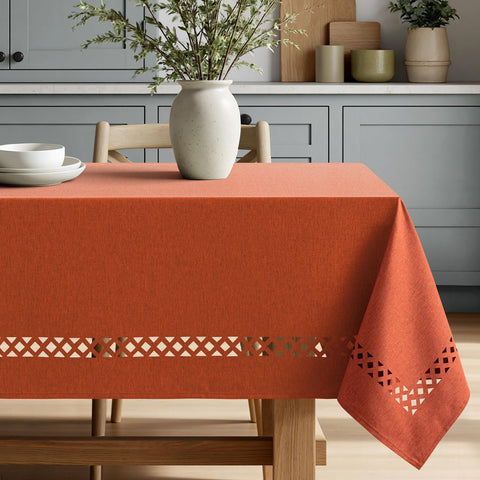 MIULEE Burnt Orange tablecloth shows waterproof and stain-resistant fabric for easy cleanup.
