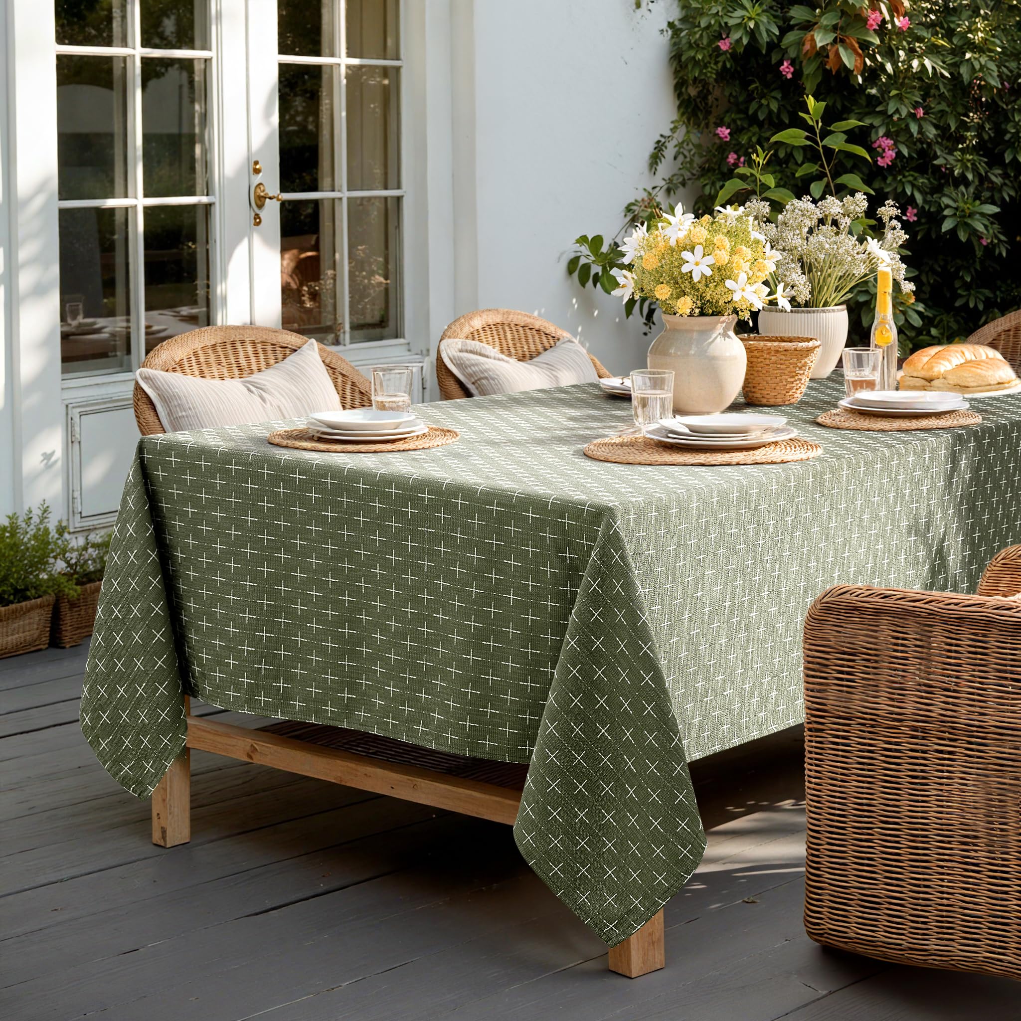 Casual kitchen dining with MIULEE olive green linen table cloth.