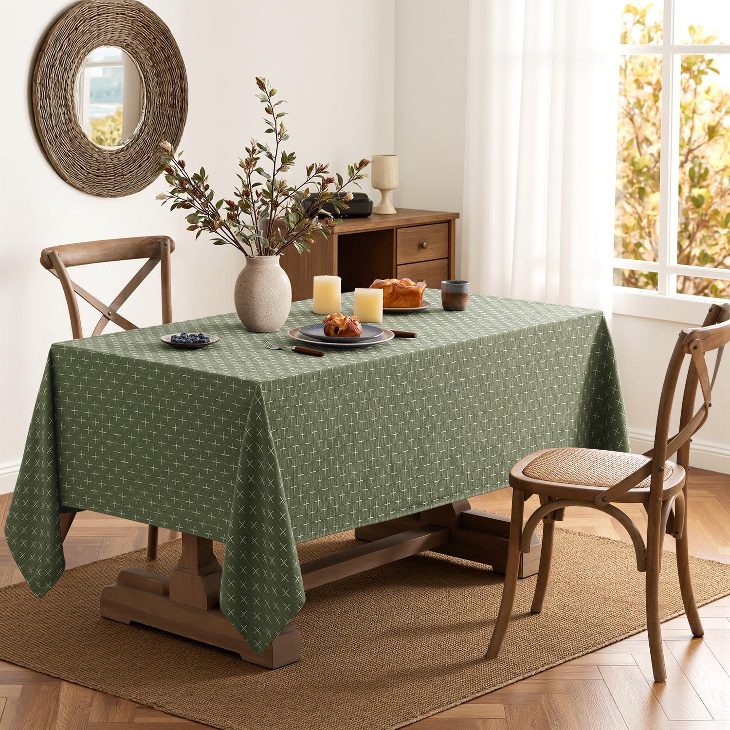 Waterproof layer visible on MIULEE olive green table cloth.