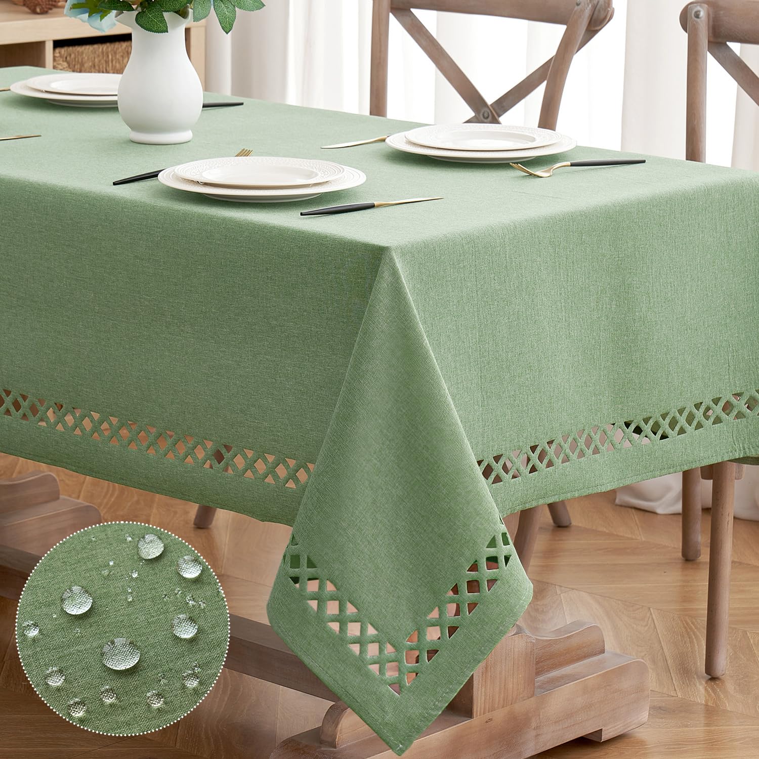 MIULEE Sage Green tablecloth with cutout border enhances elegant dining settings
