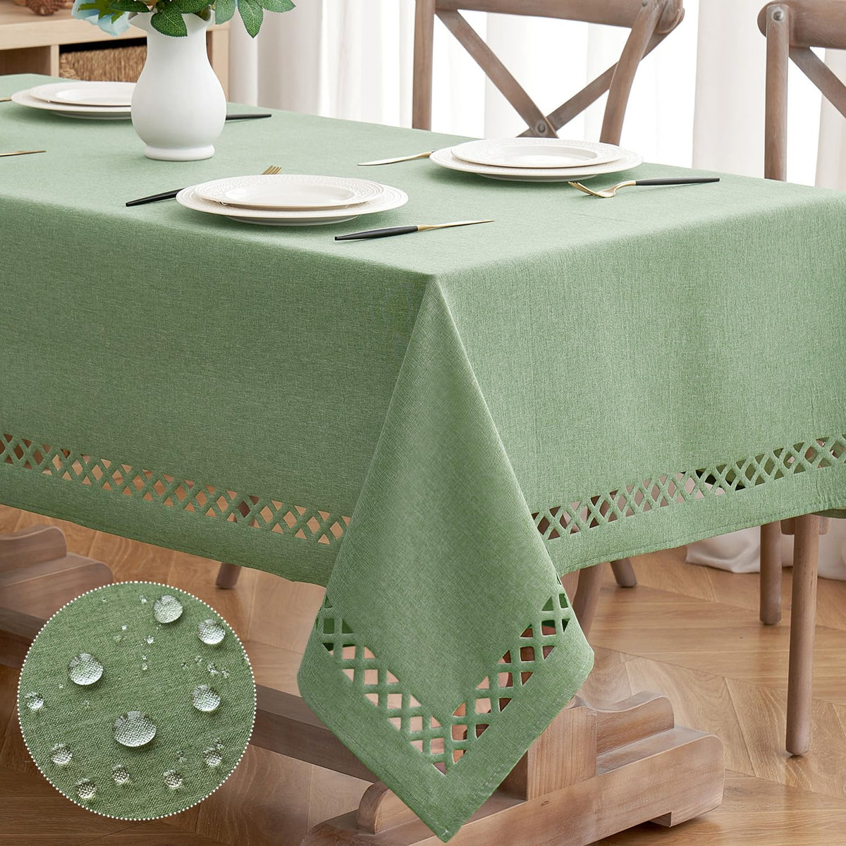 MIULEE Sage Green tablecloth with cutout border enhances elegant dining settings