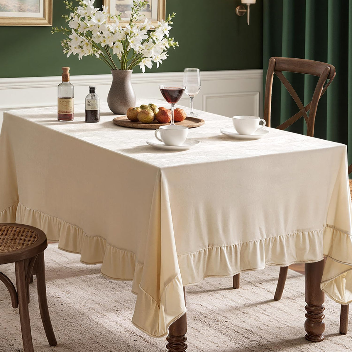 MIULEE velvet table cloth with ruffle edge on dining table for elegant charm