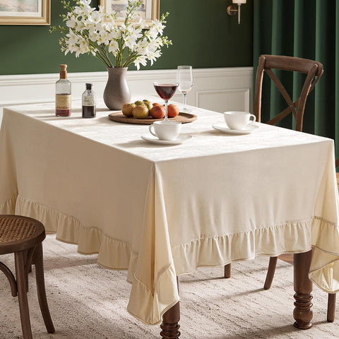 MIULEE velvet table cloth with ruffle edge on dining table for elegant charm