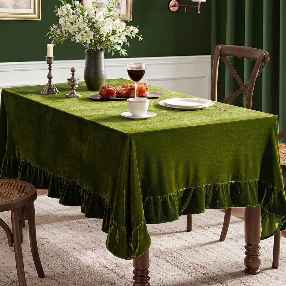 MIULEE velvet tablecloth with ruffle edge in olive green on a banquet table