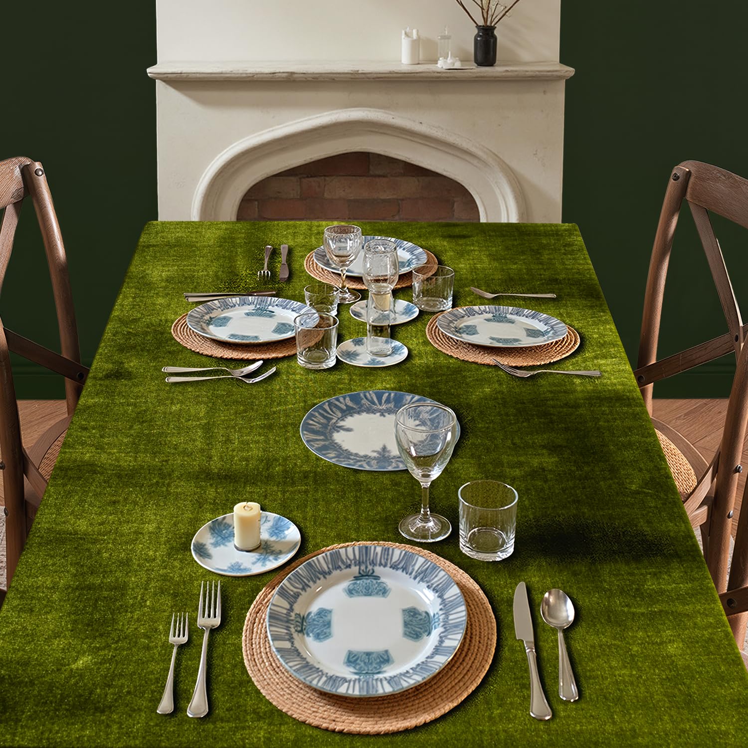 Wedding event setup featuring MIULEE velvet tablecloth olive green