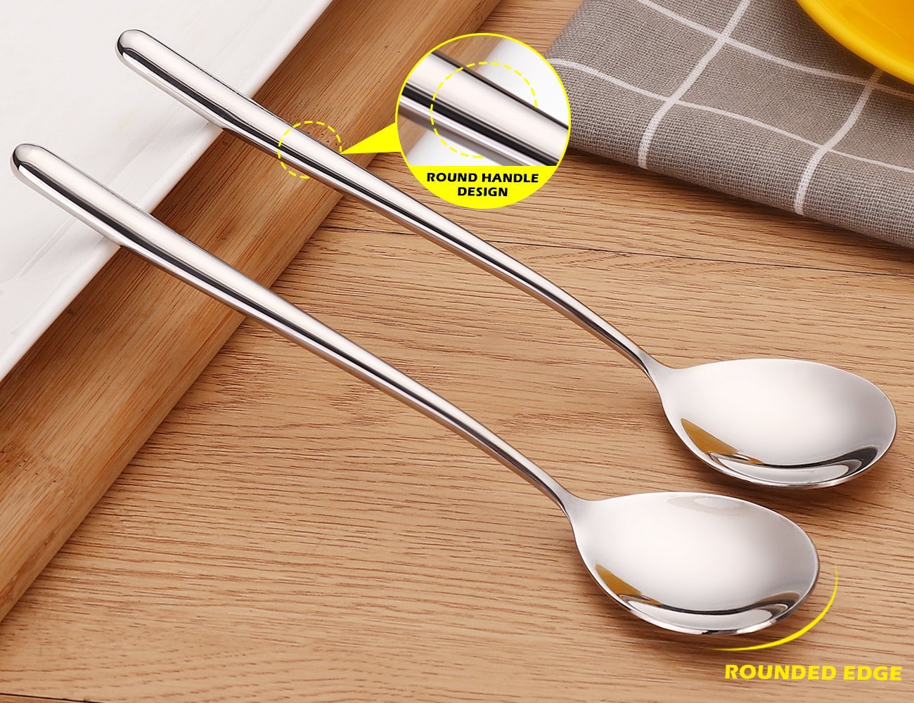 MIUPOO stainless steel soup spoons with dual-length handles offer comfortable grip.