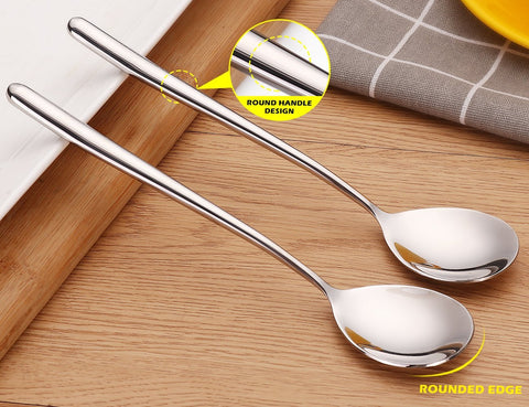 MIUPOO stainless steel soup spoons with dual-length handles offer comfortable grip.