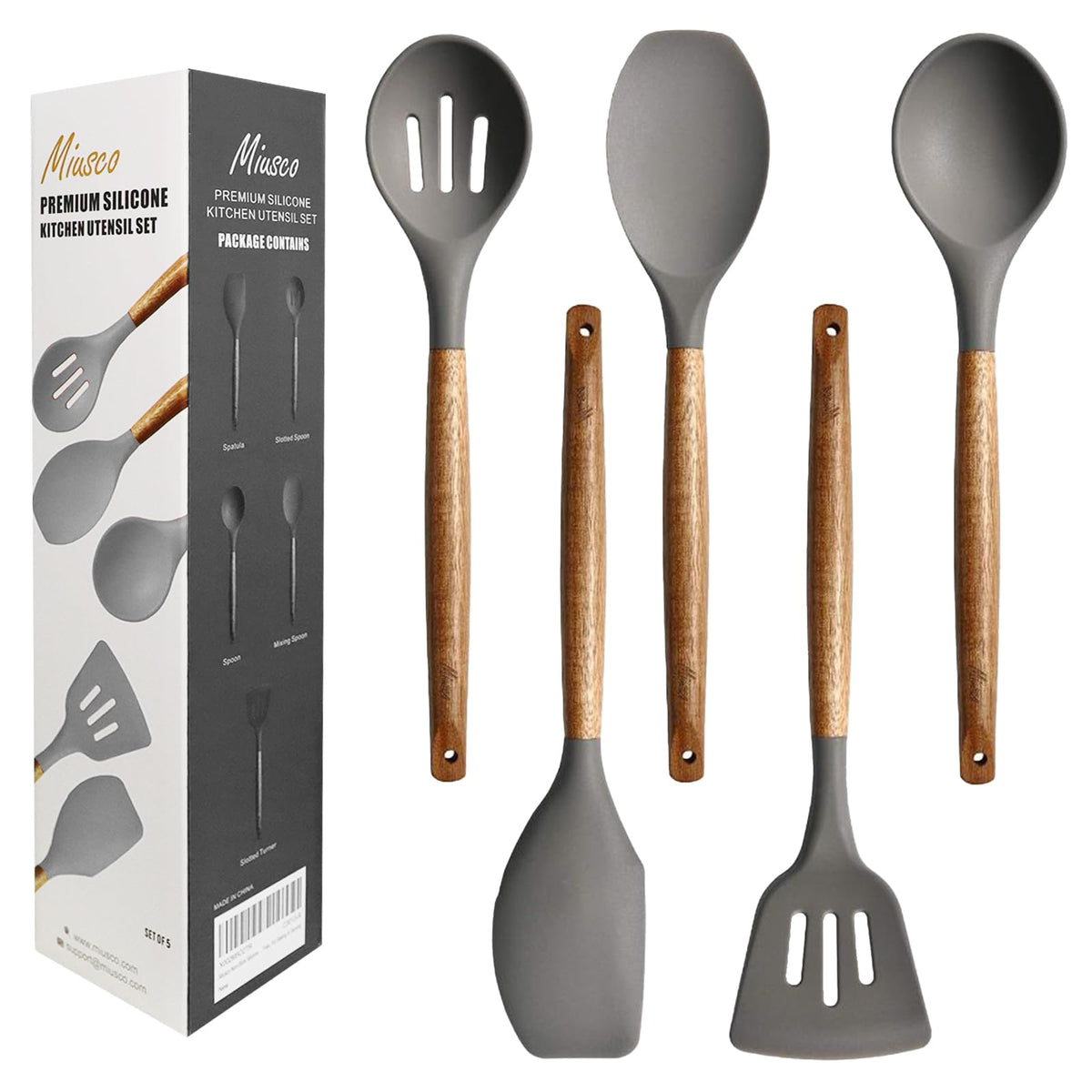 Miusco 5-piece silicone utensil set with non-stick friendly heads for smooth cooking.