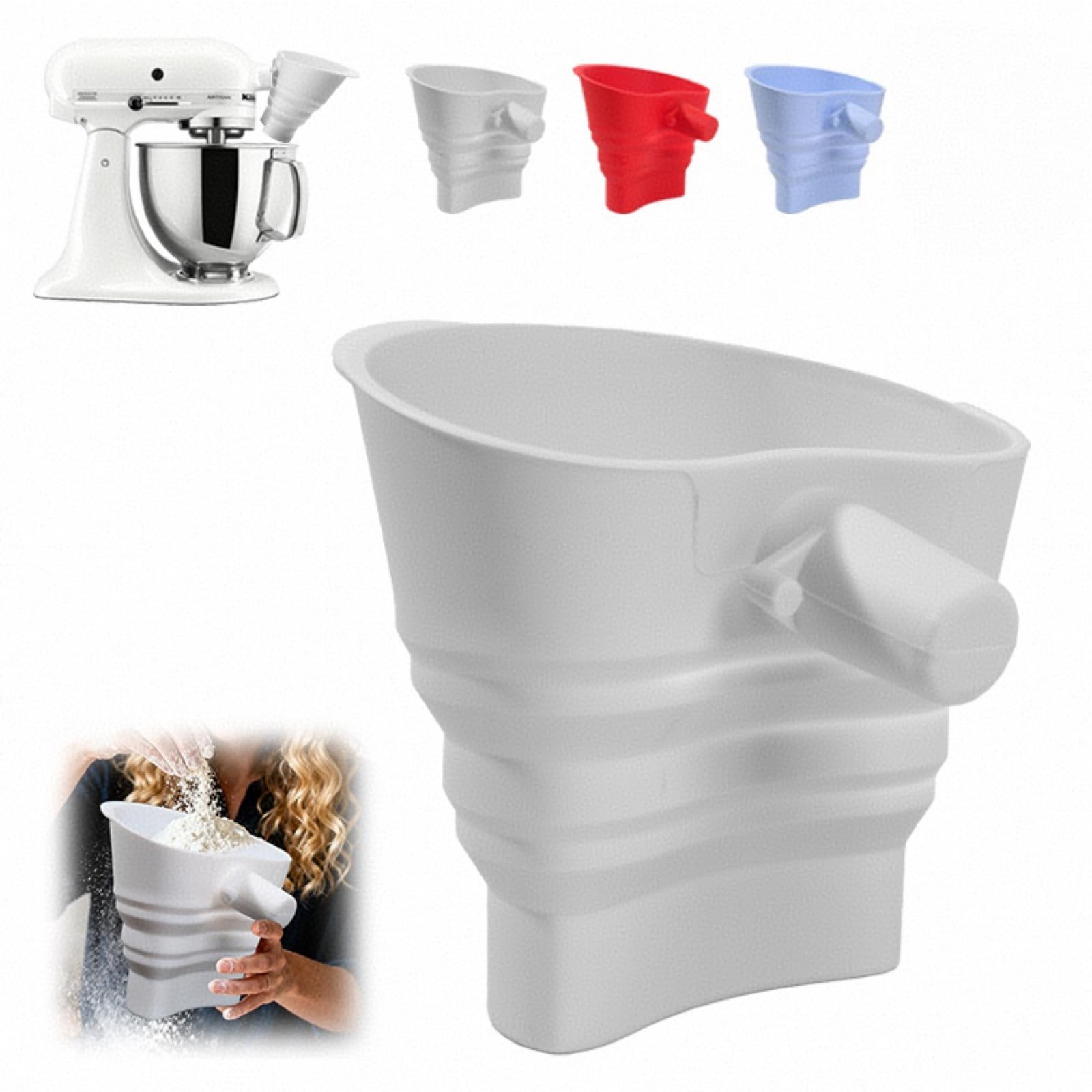 MIUXRZ flour funnel on a KitchenAid mixer for precise, mess-free pouring.
