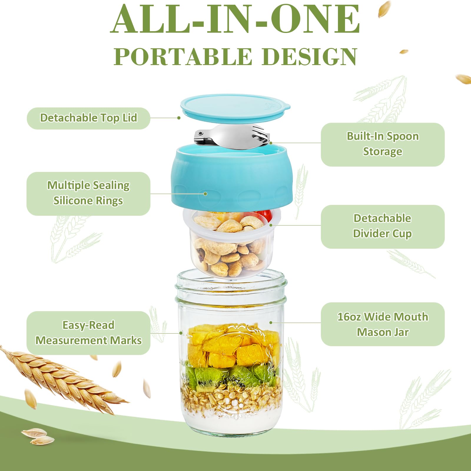 Miuyhji 16oz glass mason jar for fresh meals and easy cleaning.