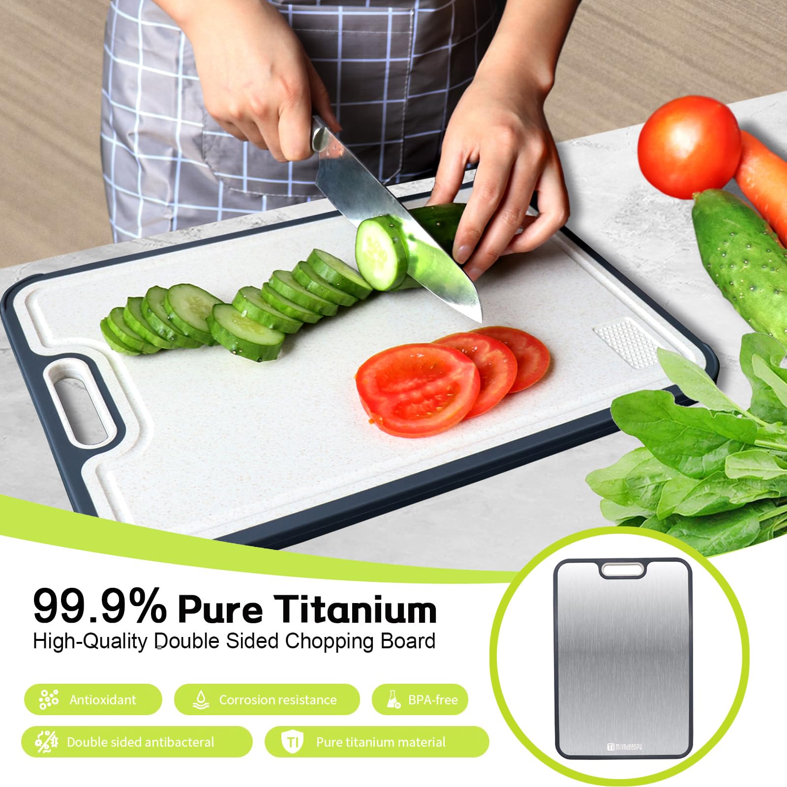 Mivndeeopu titanium cutting board double-sided with non-porous surfaces for separate meat and produce prep