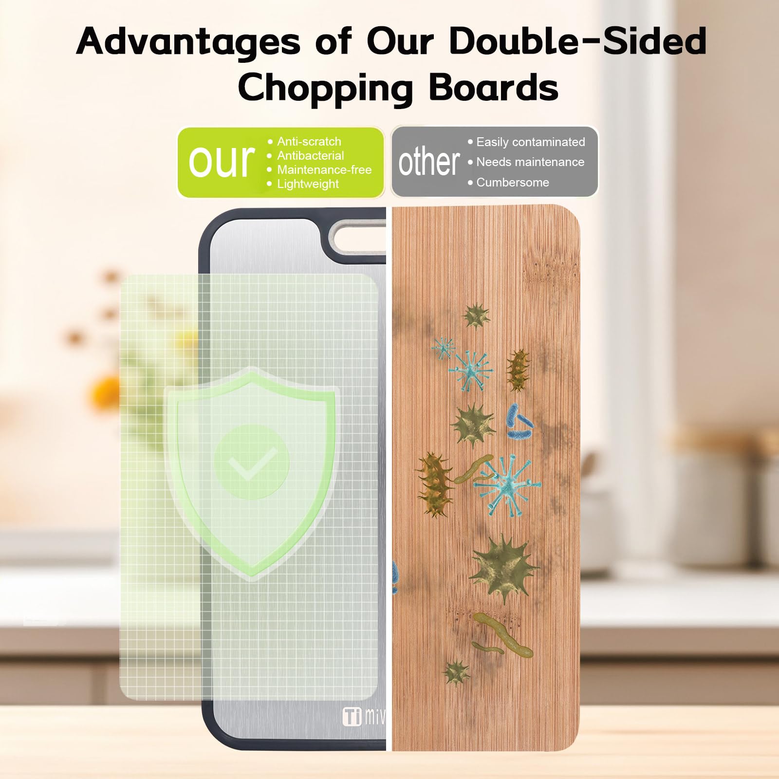 Mivndeeopu titanium cutting board with juice groove keeps juices contained and clean