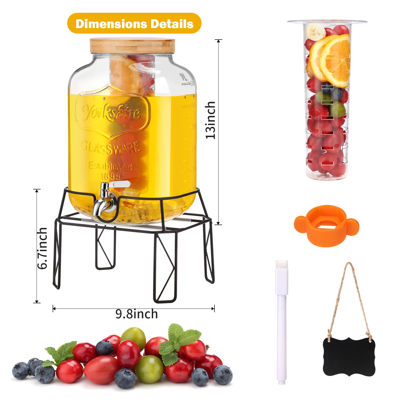 MIWUYI glass beverage dispenser with bamboo lid showcasing vibrant beverages
