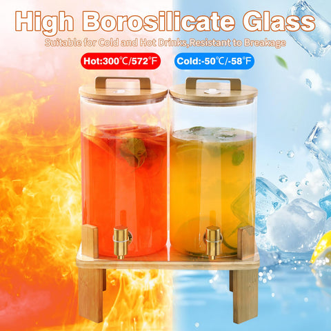 MIWUYI glass dispenser on a wooden stand beside table setup for easy access.