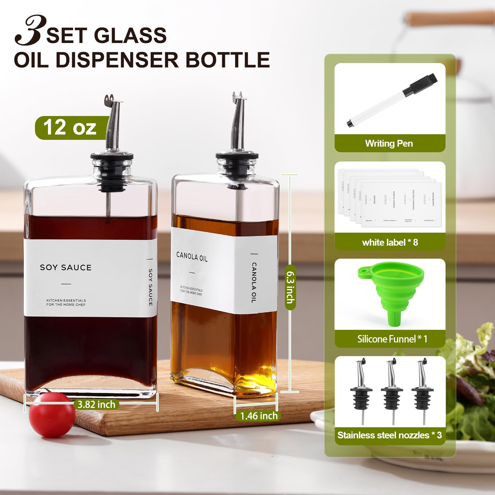 MIWUYI glass oil dispenser bottle with precision pour spout for easy dosing.