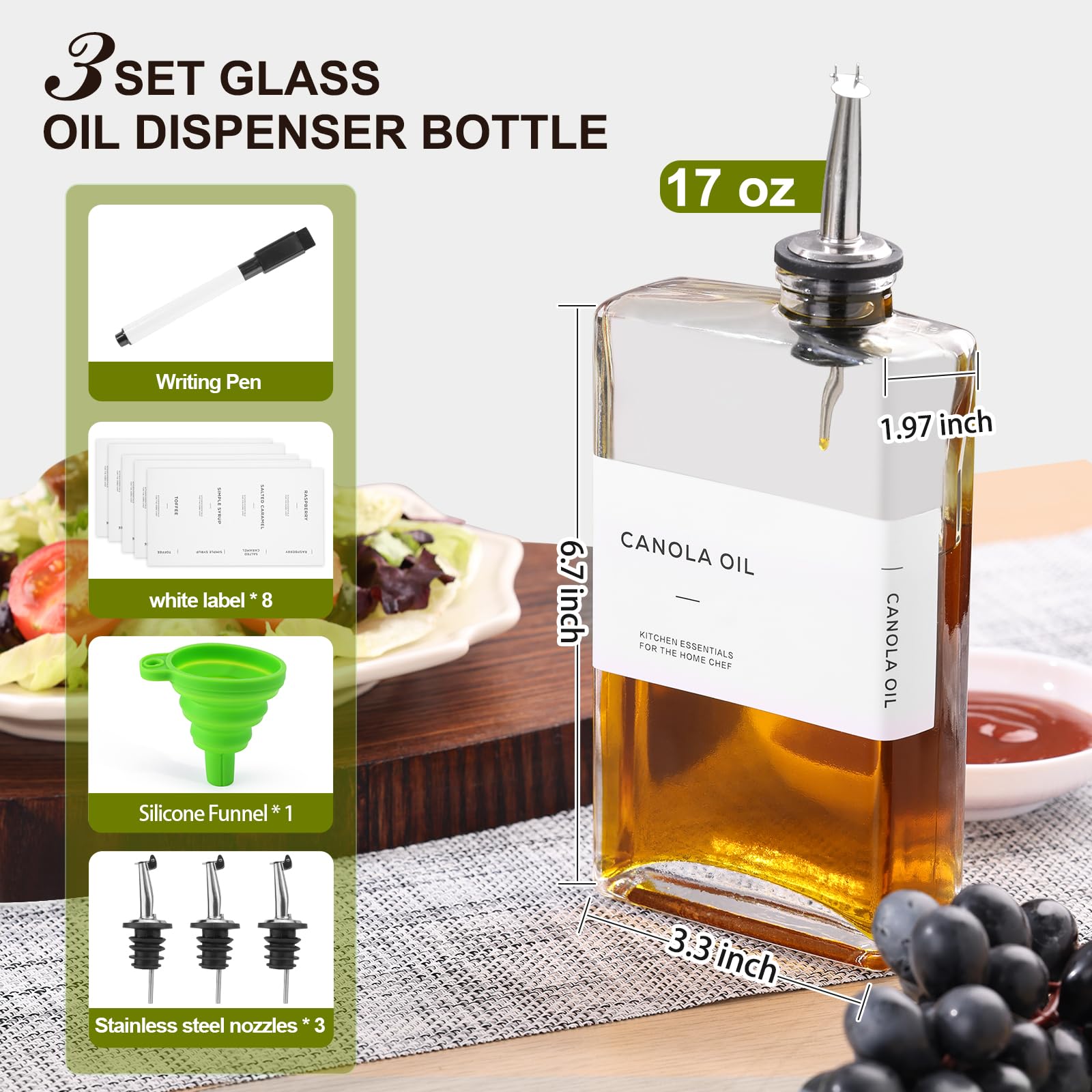 MIWUYI glass oil dispenser with spout for controlled drizzle and mess-free use.