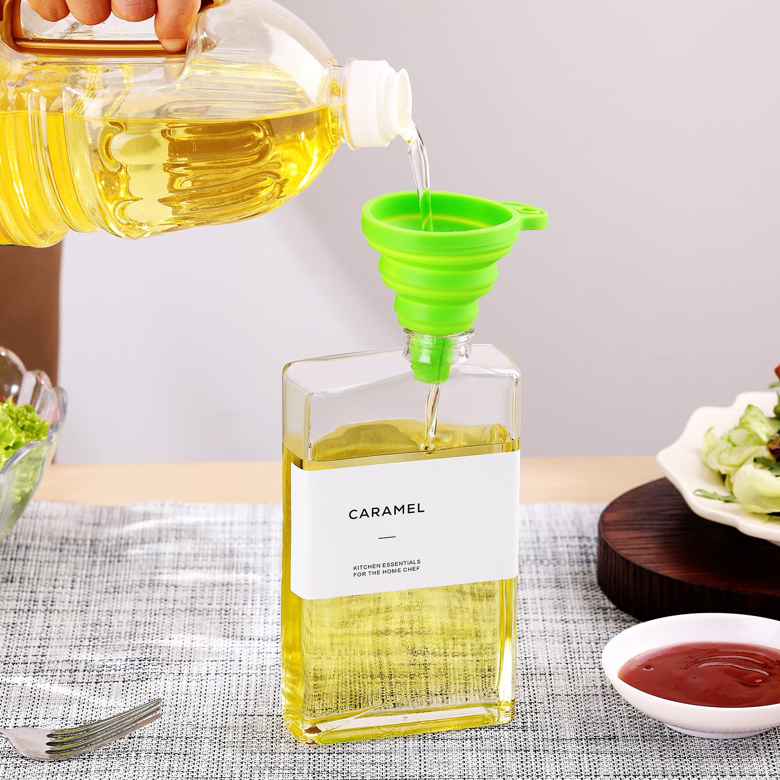 MIWUYI weighted spout provides controlled drizzle for salads and cooking.