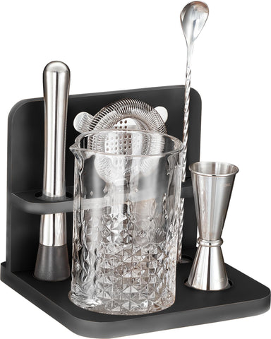 Mixeries bar-tools organizer on the stand keeps muddler, spoon, and jigger accessible.