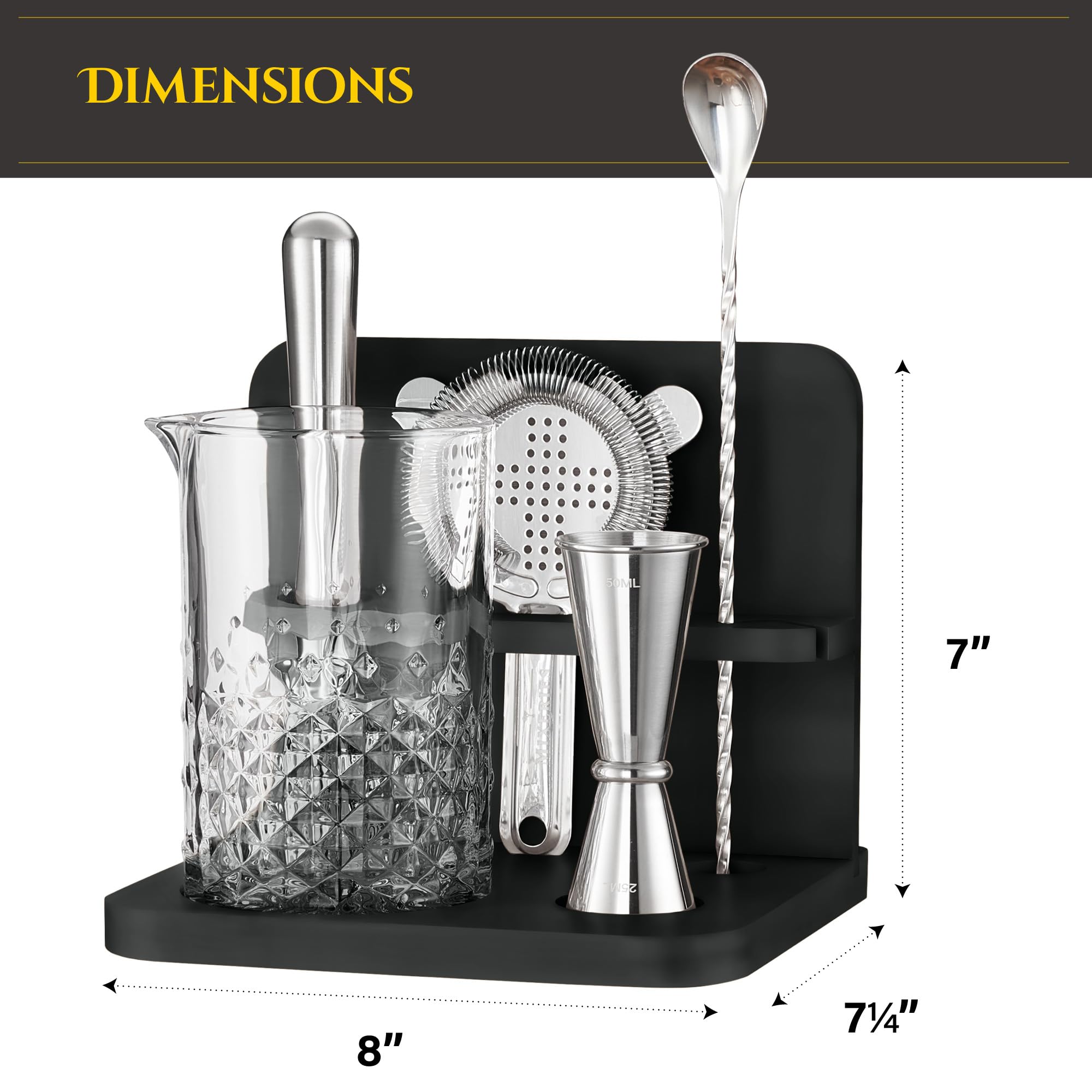 Mixeries stainless steel barware set complements the glass with durable tools.