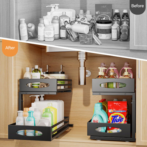 Mixeshop adjustable-height under-sink storage fits different cabinet depths