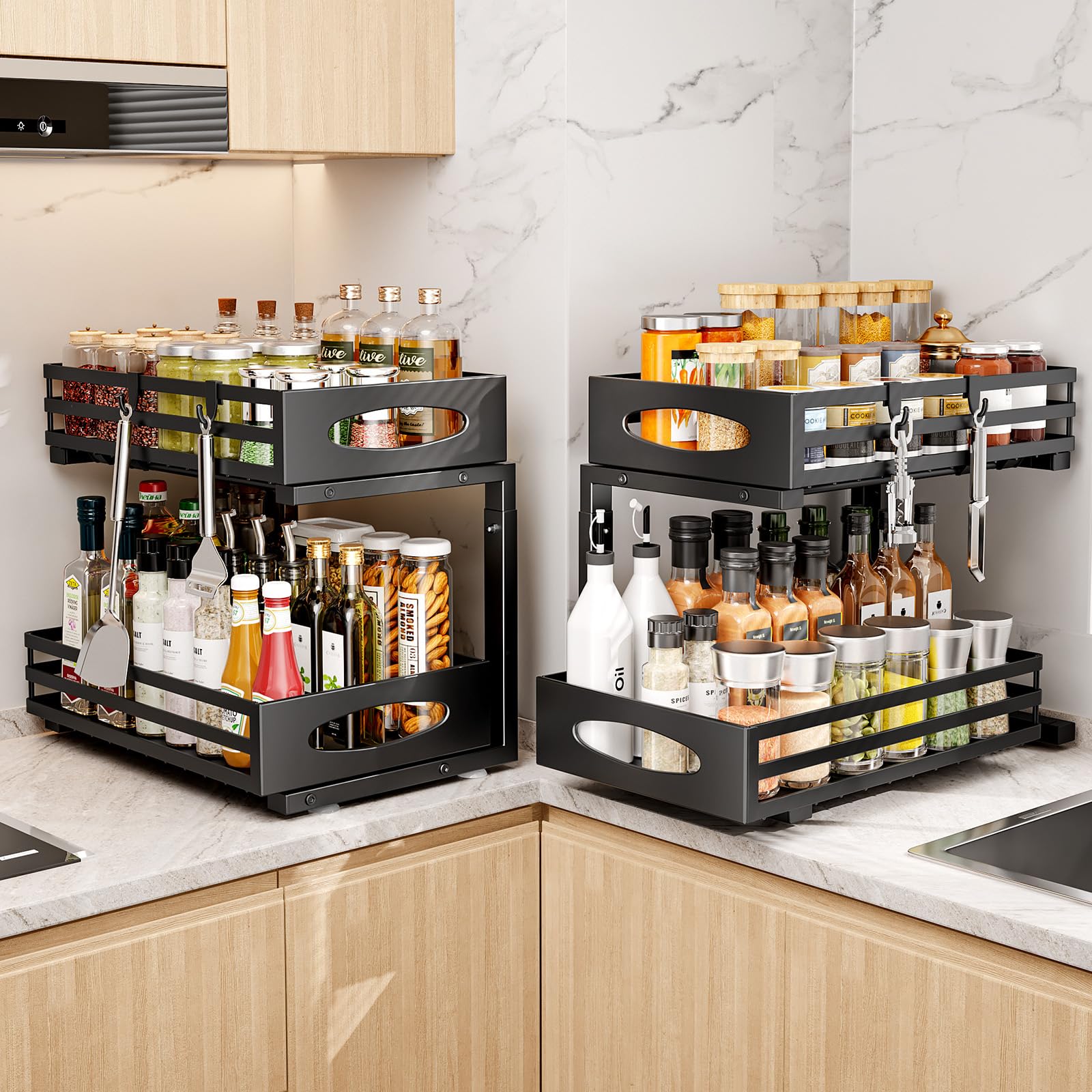Mixeshop cabinet organizer with slide-out basket improves visibility and reach