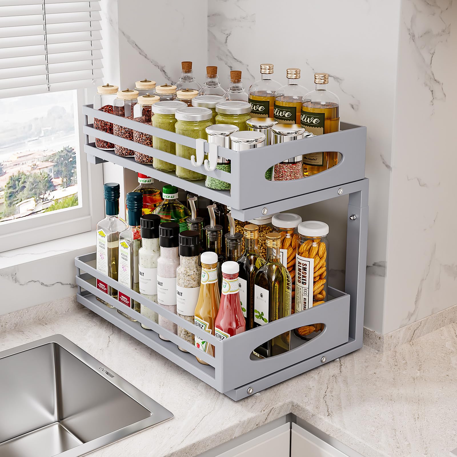 Mixeshop pull-out-cabinet-drawer provides easy access to under-sink items.