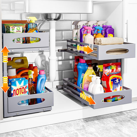 Mixeshop under sink organizer 2-tier pull-out basket for easy access and organization.