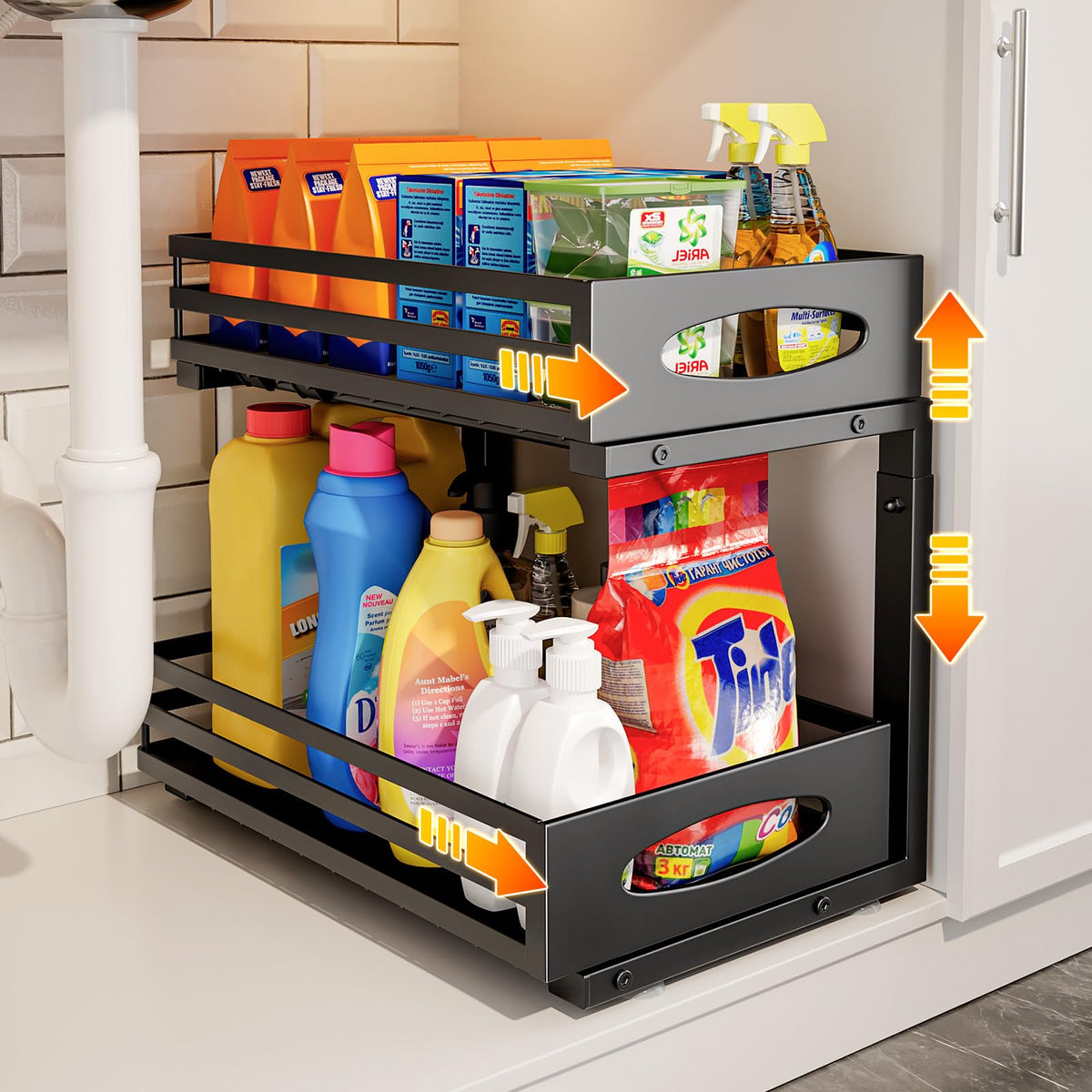 Mixeshop under-sink organizer 2-tier slide-out for easy access and tidy cabinets.