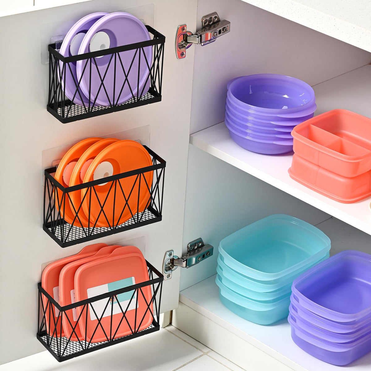 MIXISAV large lid organizer inside cabinet for easy lid access.