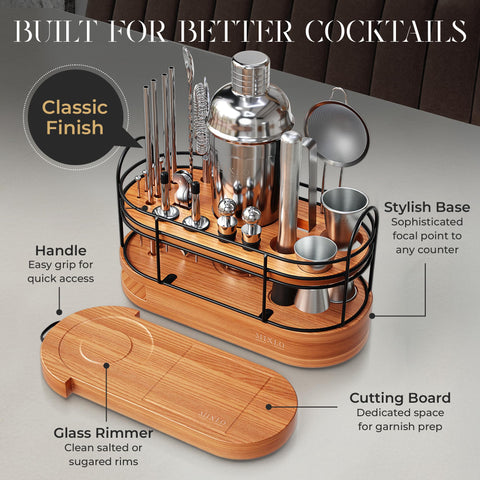 Mixlo Bamboo Stand with cutting board keeps garnishes ready.