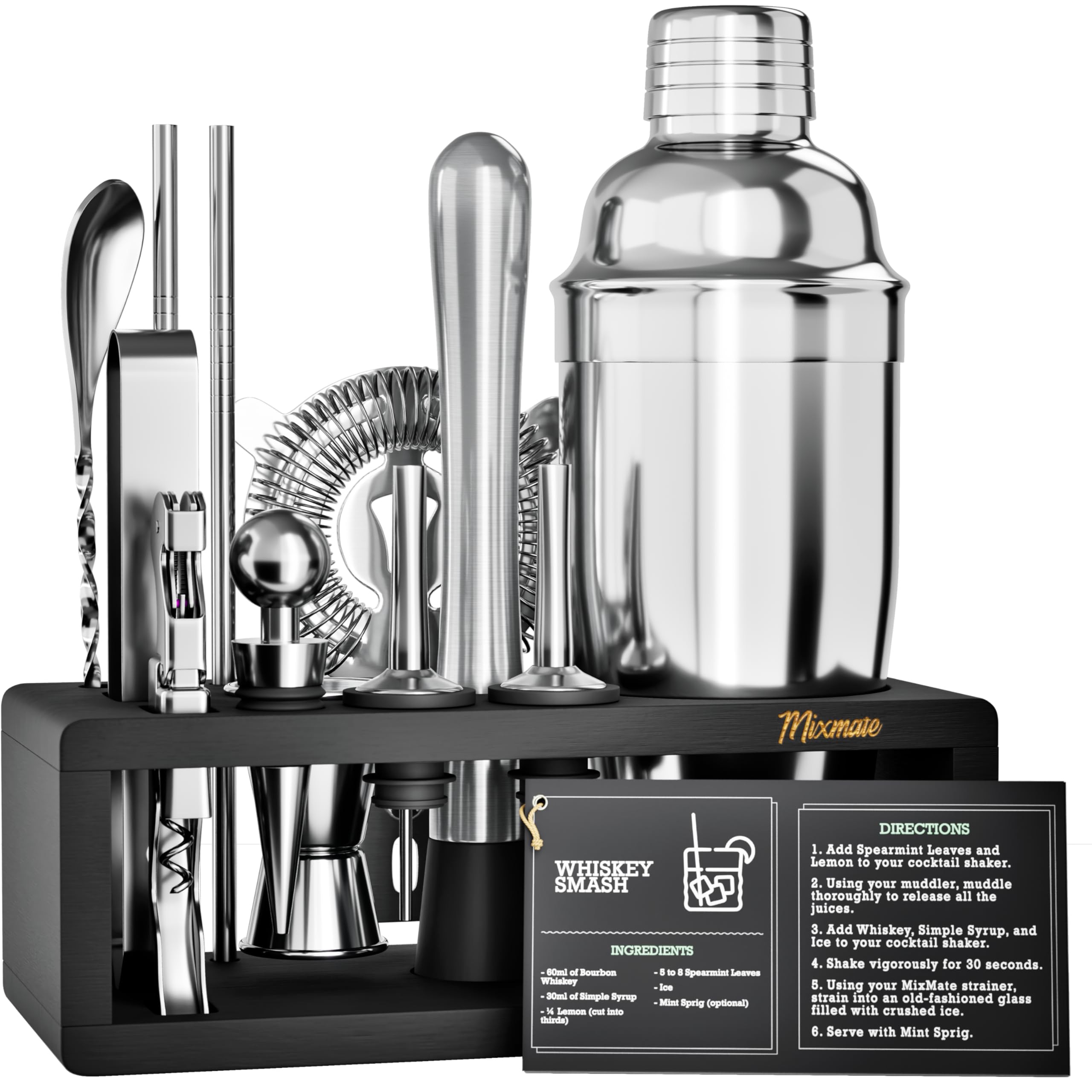 MixMate 15-piece bar tool set displayed on a dark wood stand for organized home entertaining.