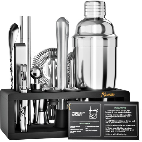 MixMate 15-piece bar tool set displayed on a dark wood stand for organized home entertaining.