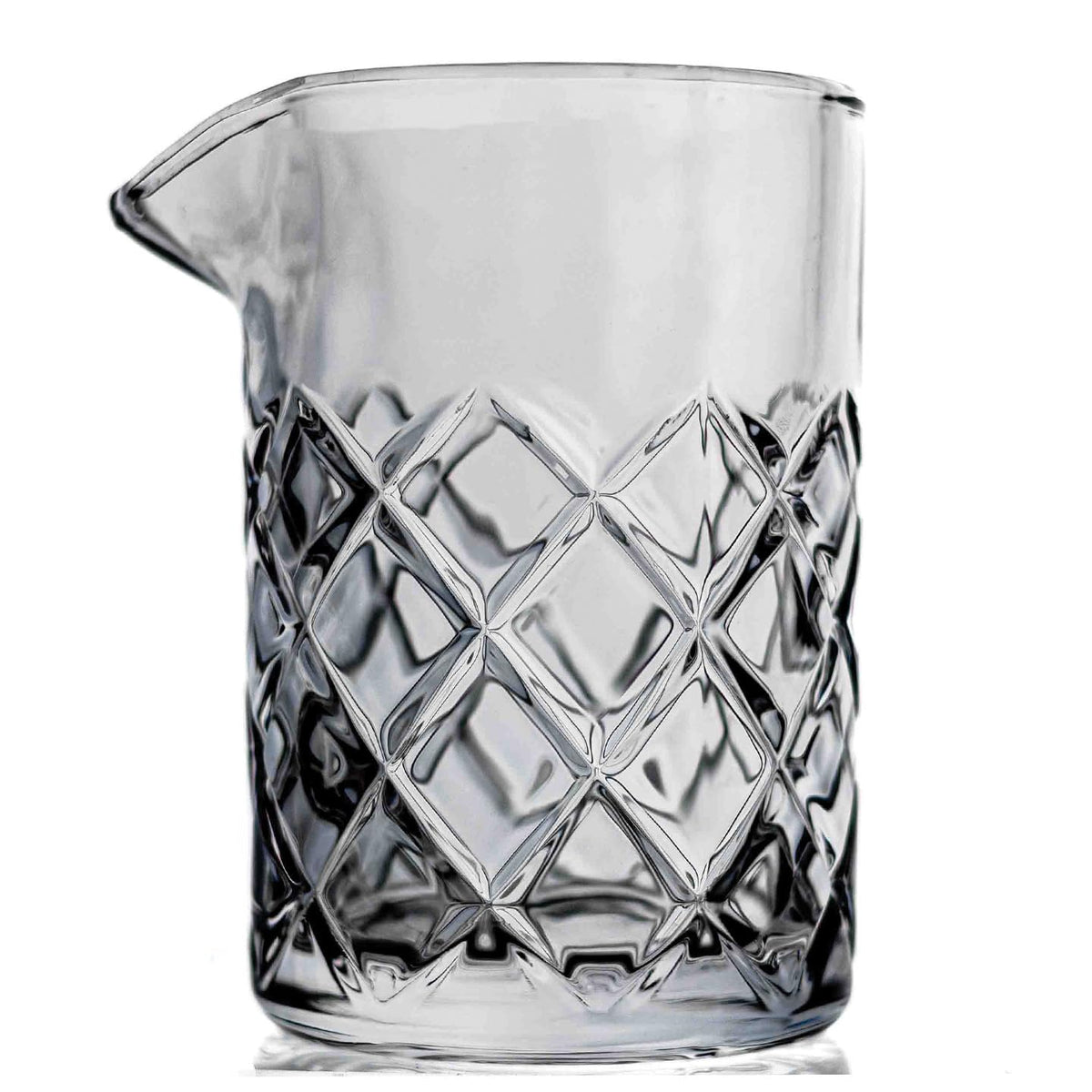 Mixologists Cocktail Mixing Glass close-up of 1/4-inch thick walls for stable stirring.