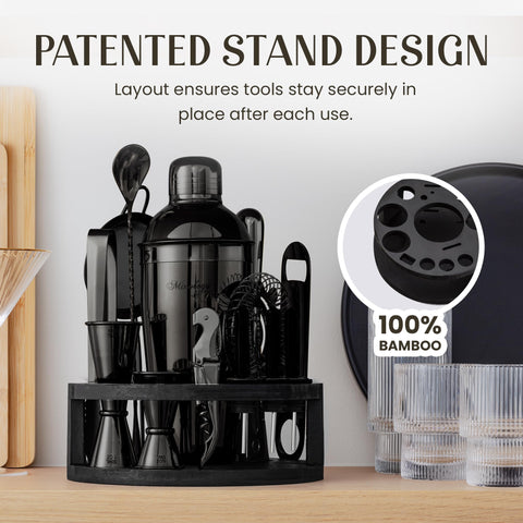 Mixology & Craft Bamboo stand displaying tools neatly.