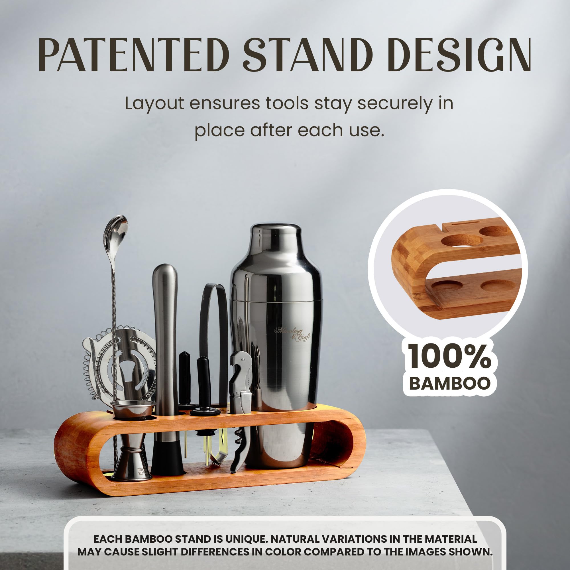 Mixology & Craft bamboo display stand with precision slots keeps tools organized